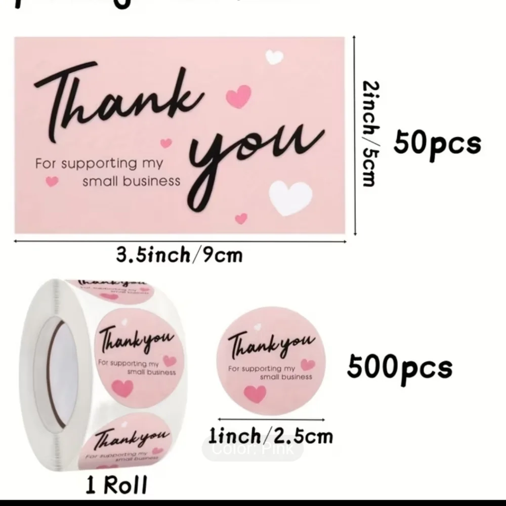 Thank You Cards & Envelopes, Roll Of Stickers & Small Resealable Bags.